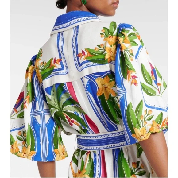 FARM RIO Blue White Tropical Floral Print Puff Sleeve Belted Linen Midi
Dress - Picture 2 of 5